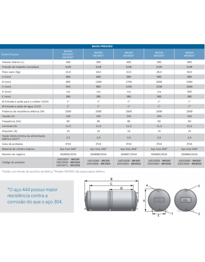 Aquecedor Heliotek Inox 444 - Apoio Elétrico Horizontal Alta Pressão 200L