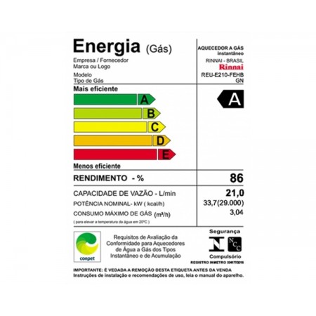Aquecedor Rinnai Digital 21L a Gás REU-E210 FEHB Bivolt