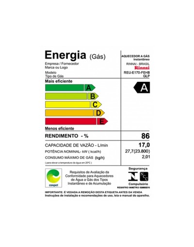 Aquecedor Rinnai Digital 17L a Gás REU-E170 FEHB Bivolt